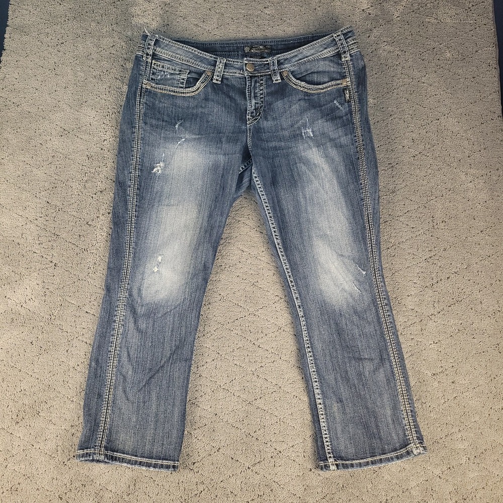 Silver Jeans Womens 18 Blue Twisted Capri Distressed Mid Rise Stretch Denim